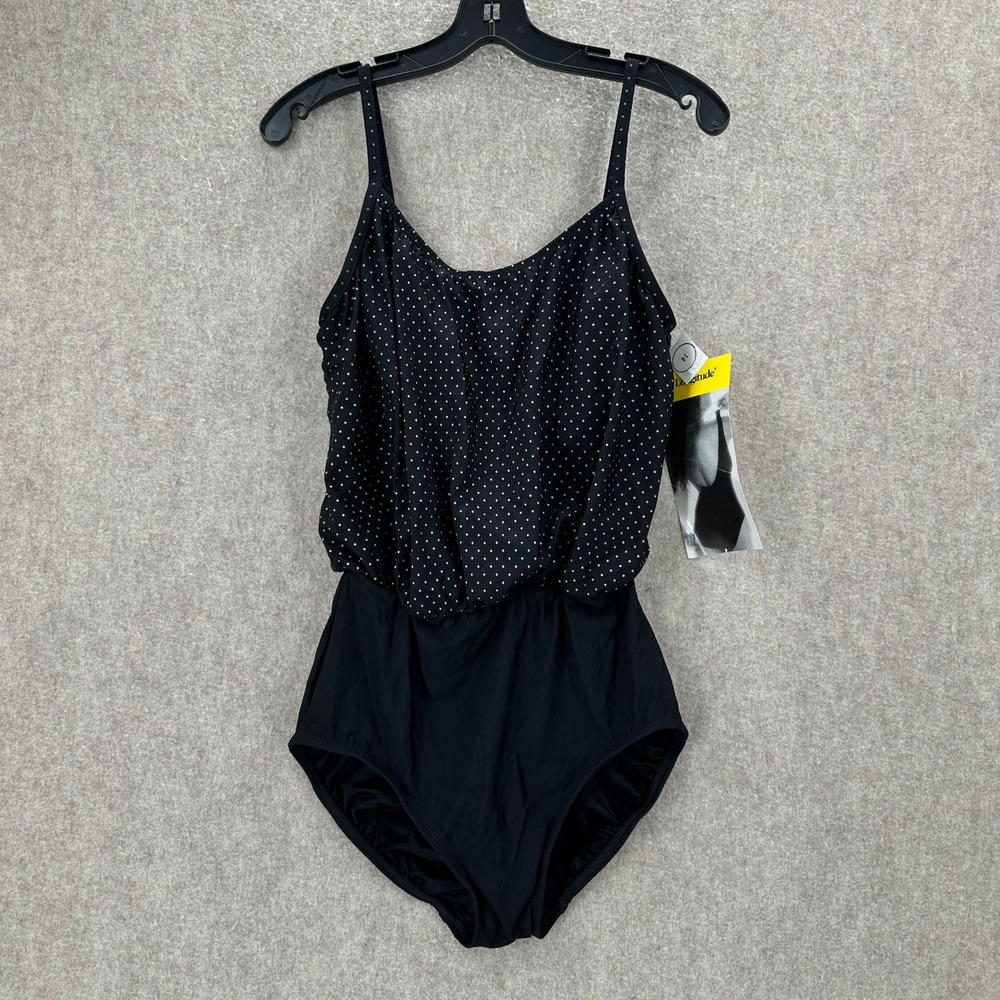 NWT Longitude Blouson One-Piece Swimsuit Womens 14 Black Polka Dot Vintage Style